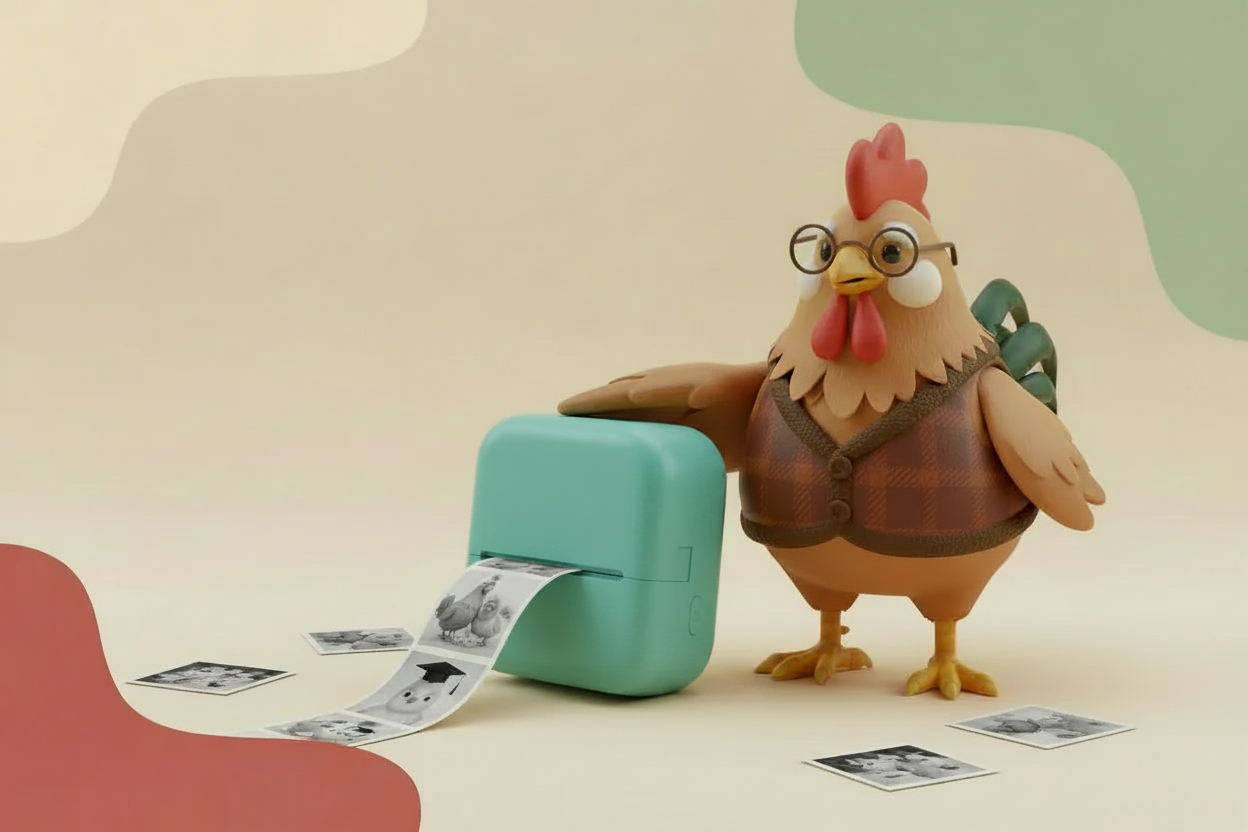 Teal printer with chicken